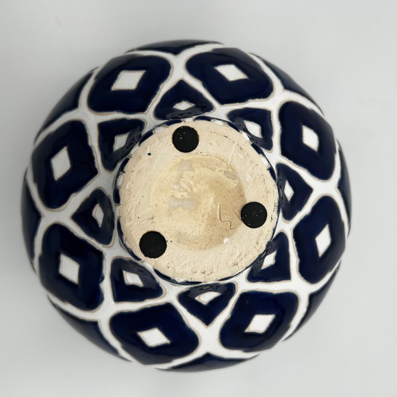 Handmade 10"H x 10"W Ceramic Vase Blue White Geometric Diamond Pattern Signed - Picture 7 of 9